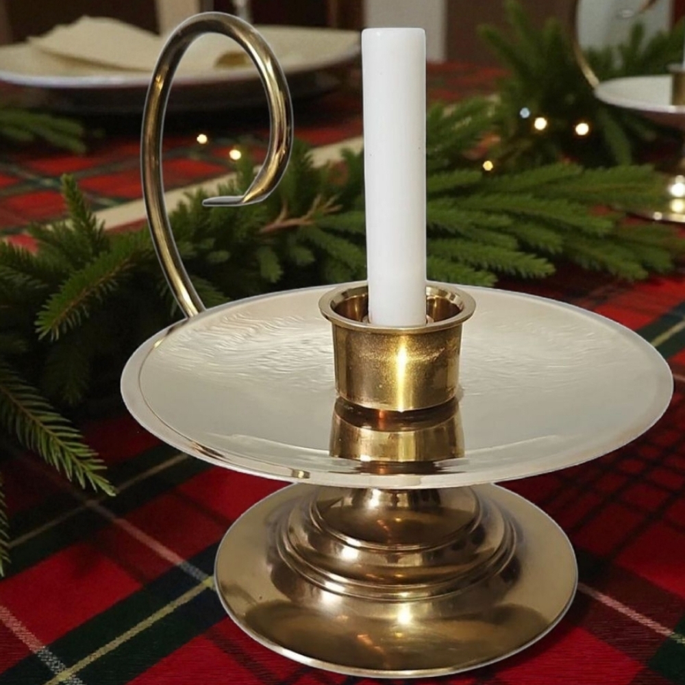 VTG Carolina Brass Large Chamberstick Candle Holder Dripping Tray Scroll Handle